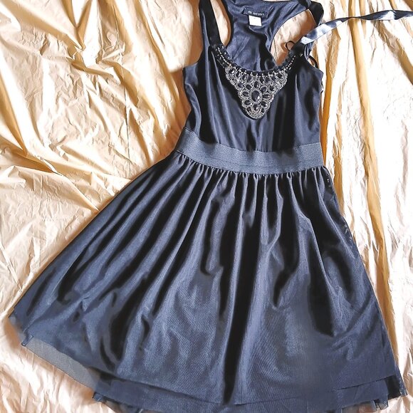 BASIC BLACK PARTY COCKTAIL MINI DRESS W/BEJEWELED NECKLINE, RACERBACK, GOTH, SM - Picture 1 of 6